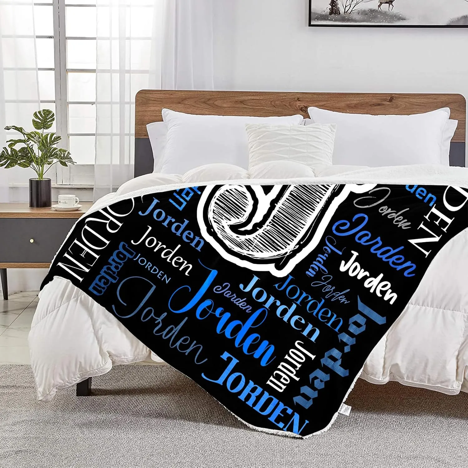 Custom Name Throw Blanket, Personalized Soft Plush Blanket with Name for Adults Kids, Customize Comfy Flannel Blanket Fleece Throw for Girls and Boys（Black Blue）