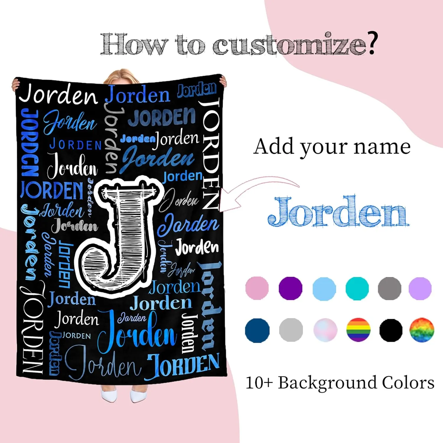 Custom Name Throw Blanket, Personalized Soft Plush Blanket with Name for Adults Kids, Customize Comfy Flannel Blanket Fleece Throw for Girls and Boys（Black Blue）