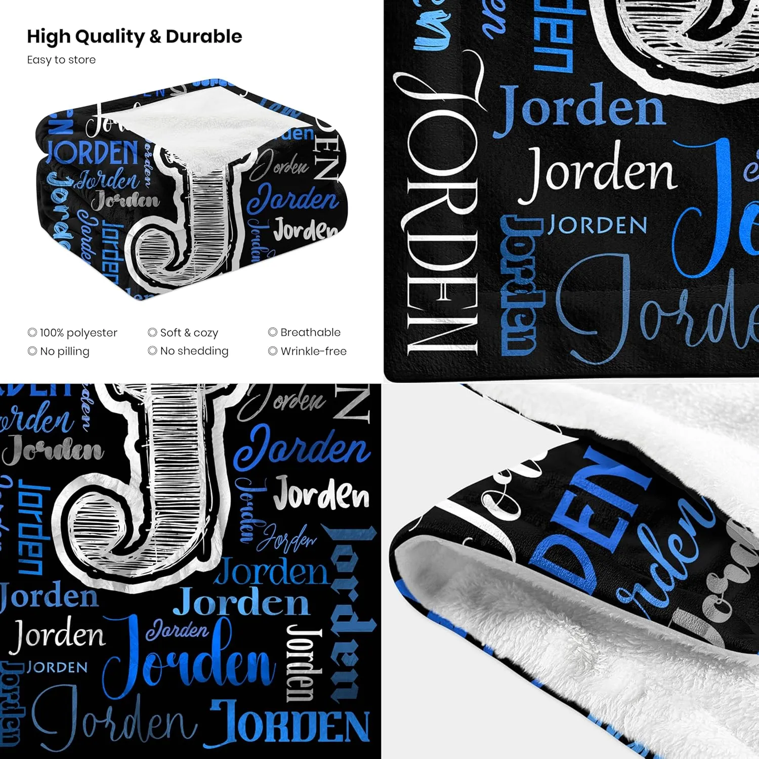 Custom Name Throw Blanket, Personalized Soft Plush Blanket with Name for Adults Kids, Customize Comfy Flannel Blanket Fleece Throw for Girls and Boys（Black Blue）