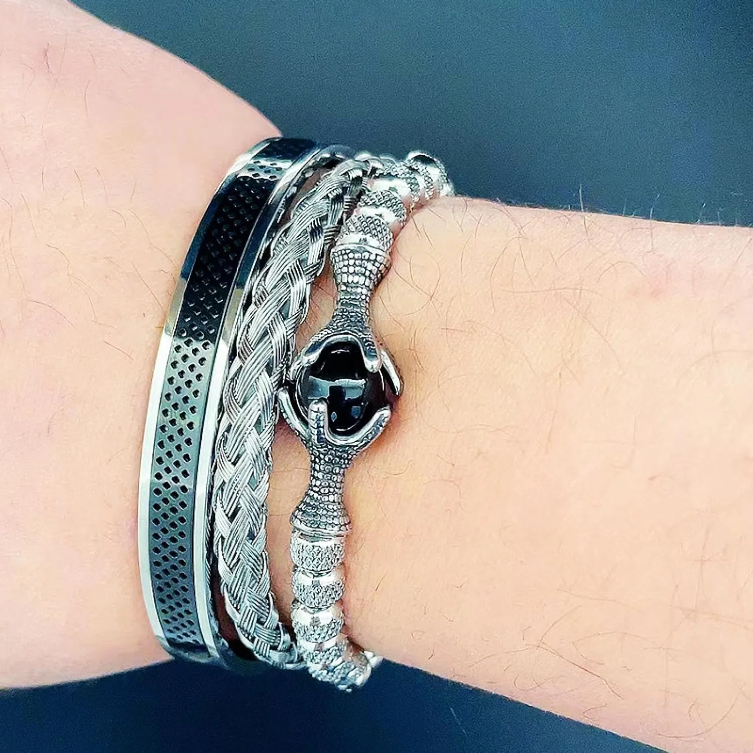 Cut-Out Dragon Claw Tiger Stone Bracelet Roman Woven Stainless Steel mesh Bracelet Set for Men
