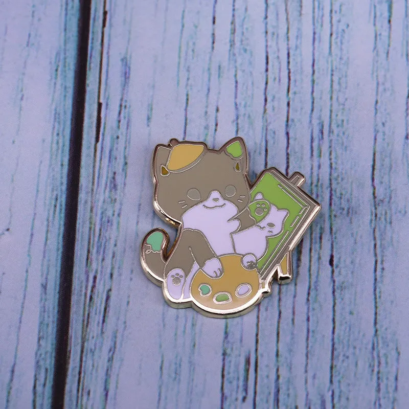 Cute Artist Cat Brooch with Painter's Palette