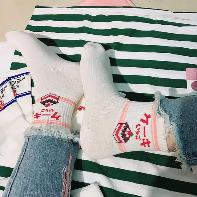 Cute Japanese Letter Print Cartoon Embroidery Socks