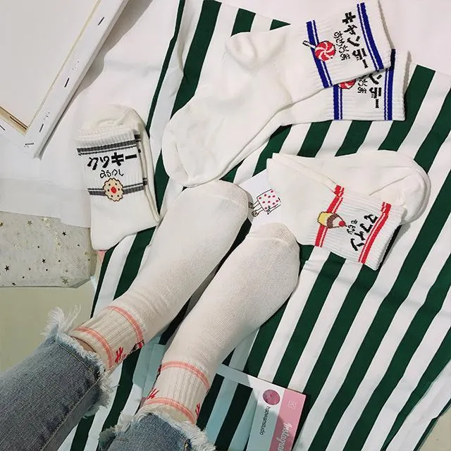 Cute Japanese Letter Print Cartoon Embroidery Socks
