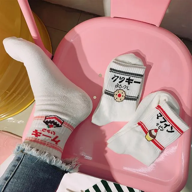 Cute Japanese Letter Print Cartoon Embroidery Socks