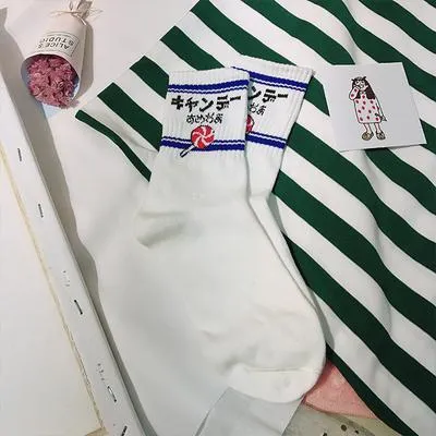 Cute Japanese Letter Print Cartoon Embroidery Socks