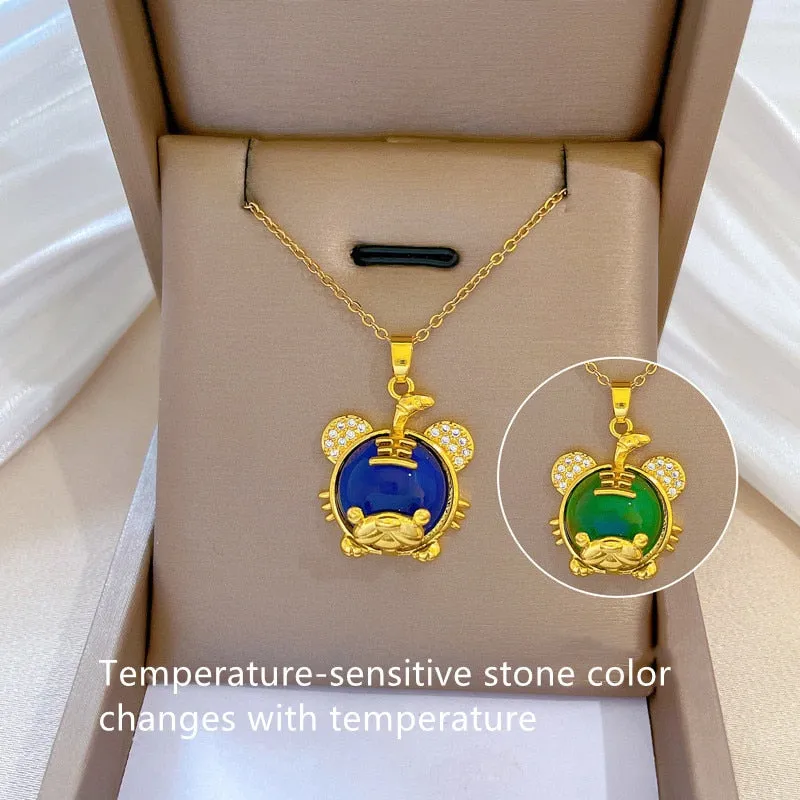 Cute Little Tiger Temperature-Sensitive Stone Pendant Necklace For Women