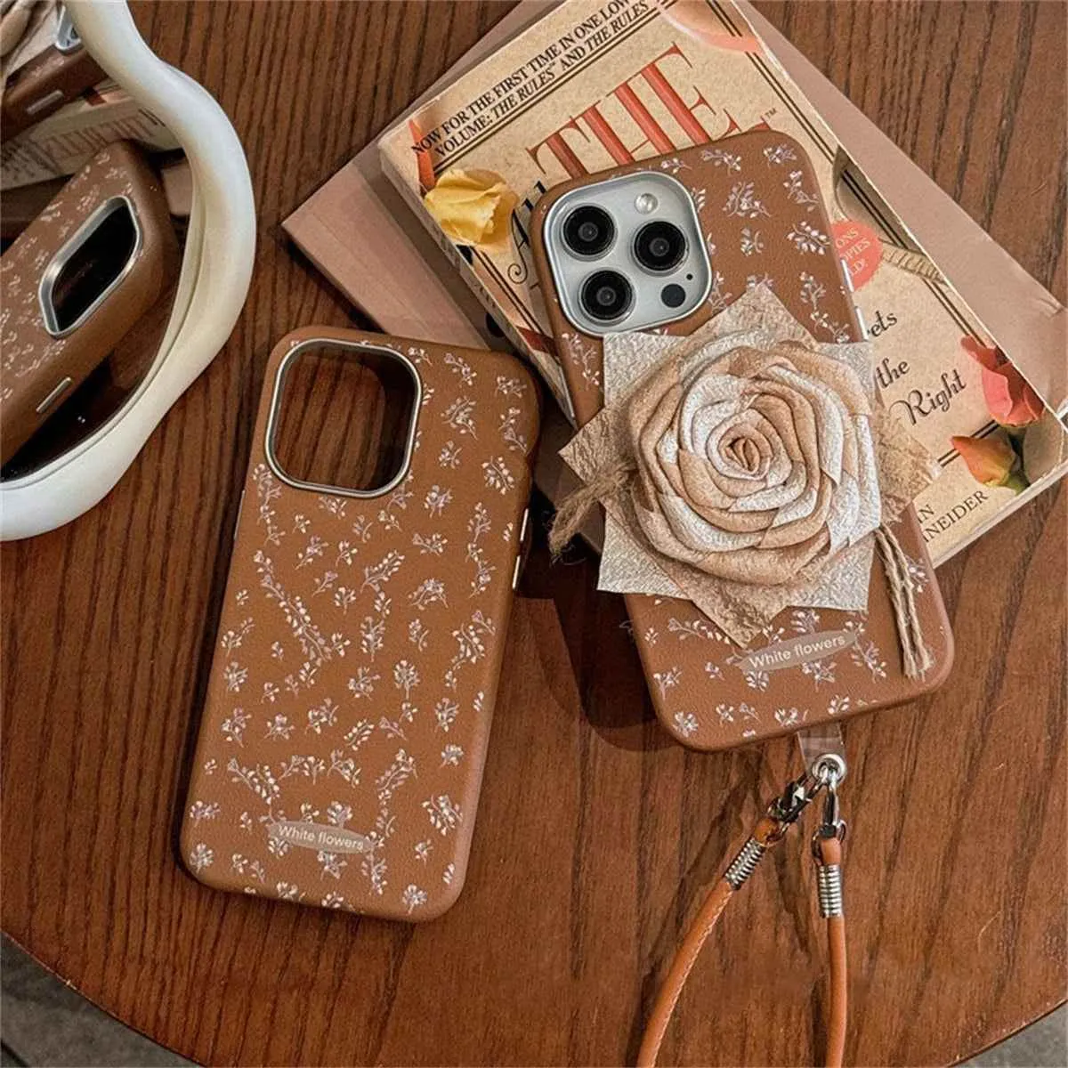 Cute Phone Cases for iPhone 13, 14, 15, or 16 Pro Max with Wristband - Vintage 3D Rose Pattern - TSP438