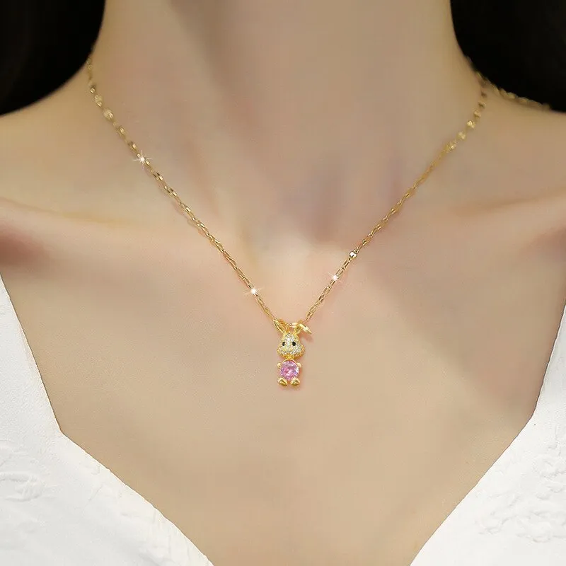 Cute Rabbit Pink Crystal Pendant Necklace For Women