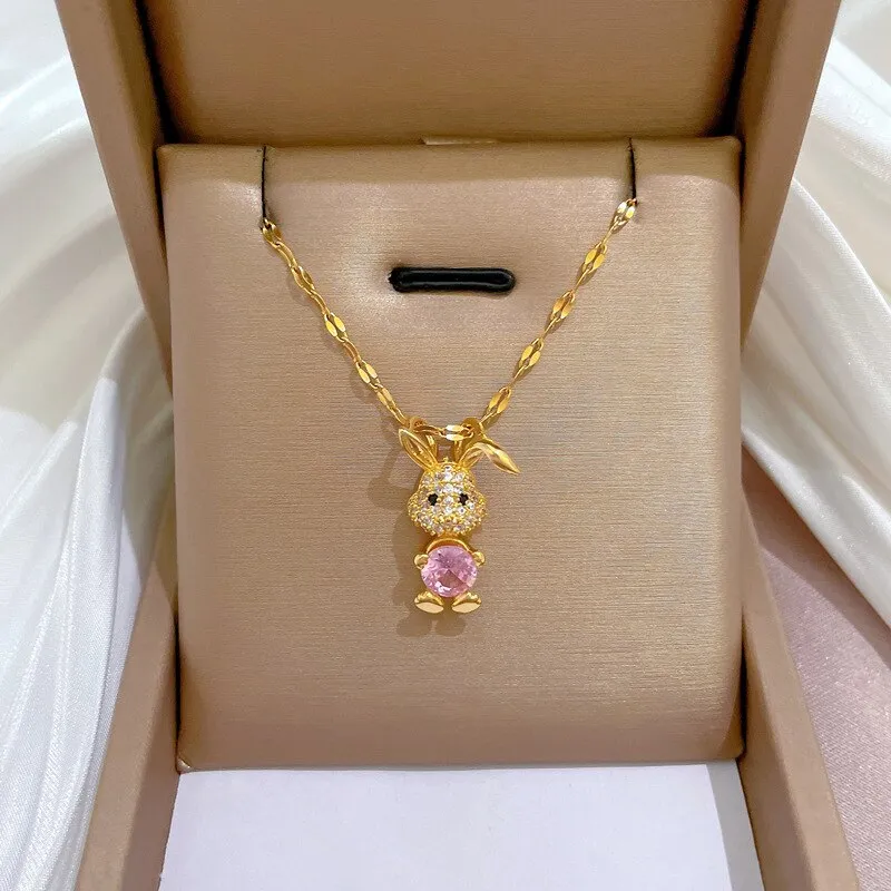 Cute Rabbit Pink Crystal Pendant Necklace For Women