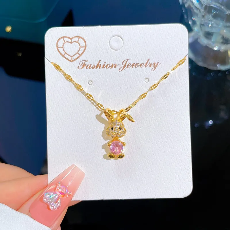 Cute Rabbit Pink Crystal Pendant Necklace For Women