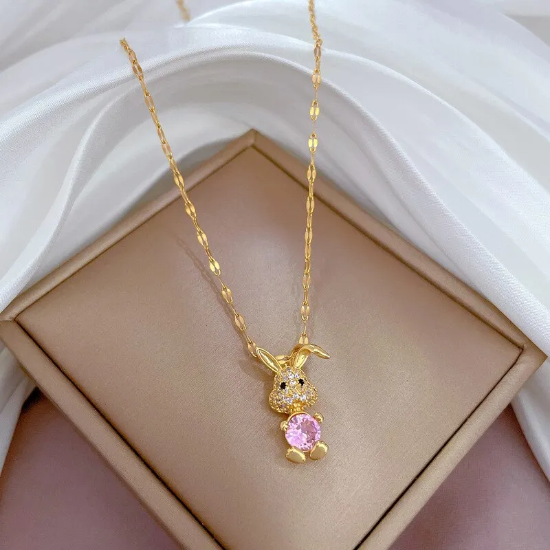 Cute Rabbit Pink Crystal Pendant Necklace For Women
