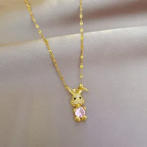Cute Rabbit Pink Crystal Pendant Necklace For Women