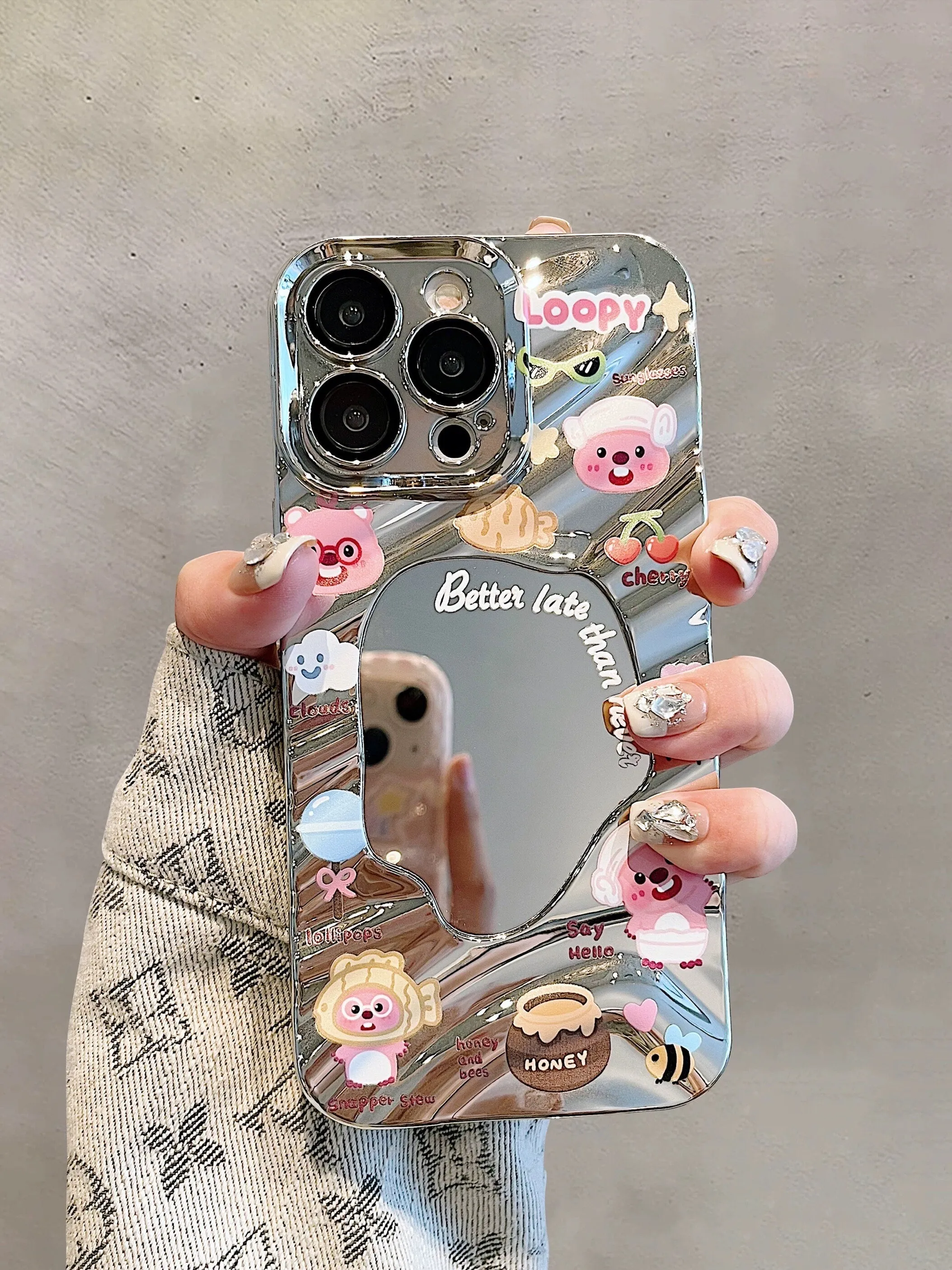 Cute Silver 3D Water Ripple Wave with Cute Cartoon Animals Design Protective Shockproof iPhone Case for iPhone 11 12 13 14 15 Plus Pro Max