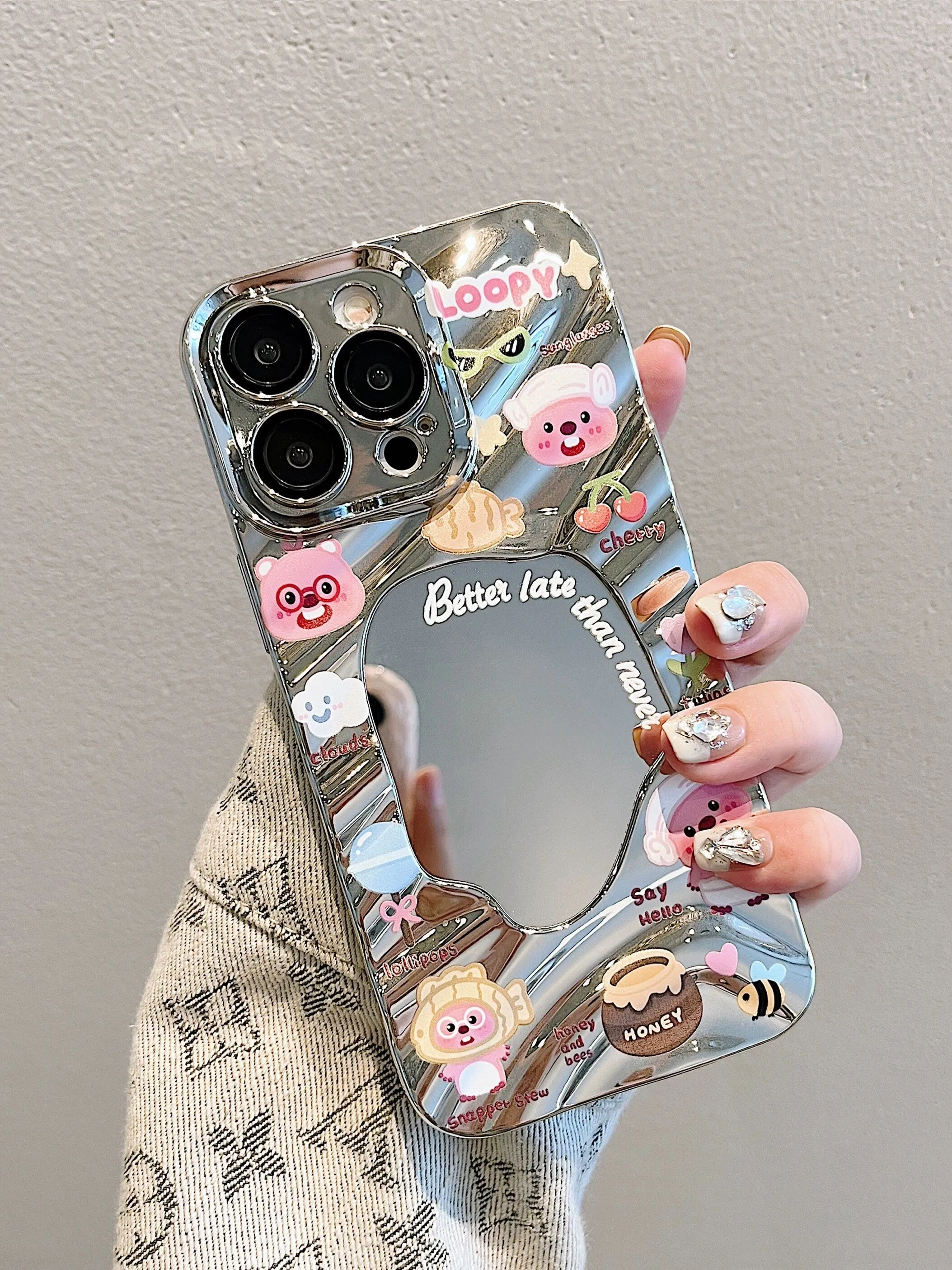 Cute Silver 3D Water Ripple Wave with Cute Cartoon Animals Design Protective Shockproof iPhone Case for iPhone 11 12 13 14 15 Plus Pro Max