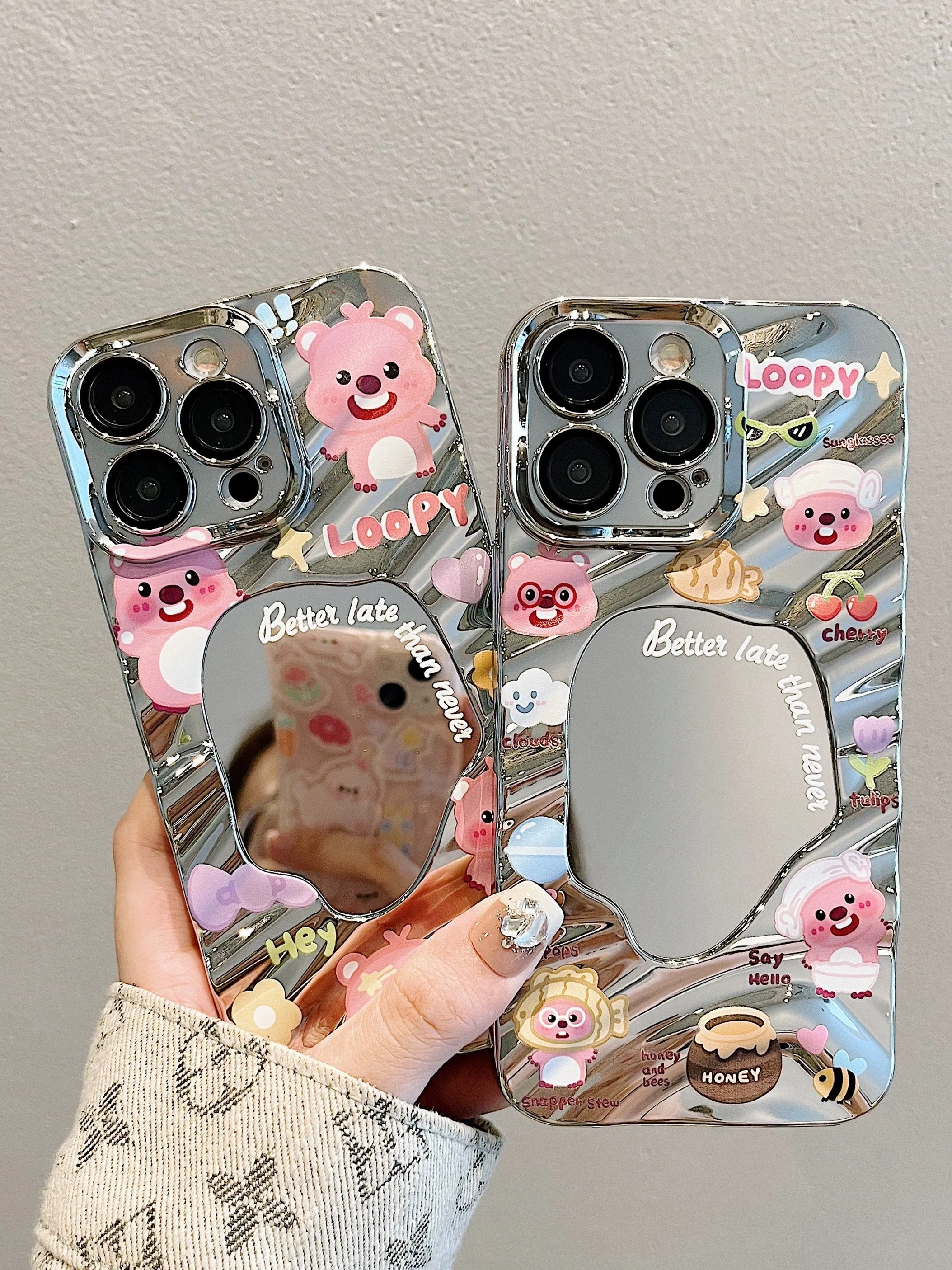 Cute Silver 3D Water Ripple Wave with Cute Cartoon Animals Design Protective Shockproof iPhone Case for iPhone 11 12 13 14 15 Plus Pro Max