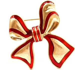 CYPINA Pretty Bright Red and Gold Christmas Bow Brooch Enamel Pin Holiday Decoration Jewelry, Alloy Steel, crystal