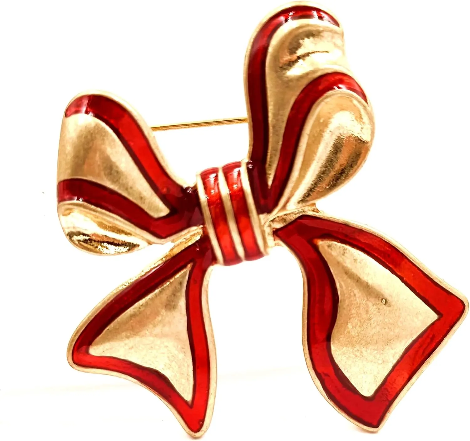 CYPINA Pretty Bright Red and Gold Christmas Bow Brooch Enamel Pin Holiday Decoration Jewelry, Alloy Steel, crystal