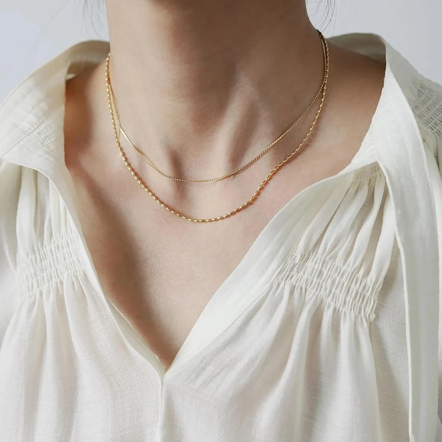 Dainty Choker Necklace for Women, 14K Gold Plated Layered Satellite Bead Choker Thin Trendy Layering Herringbone Necklaces Minimalist Simple Snake Chain Jewelry Gift
