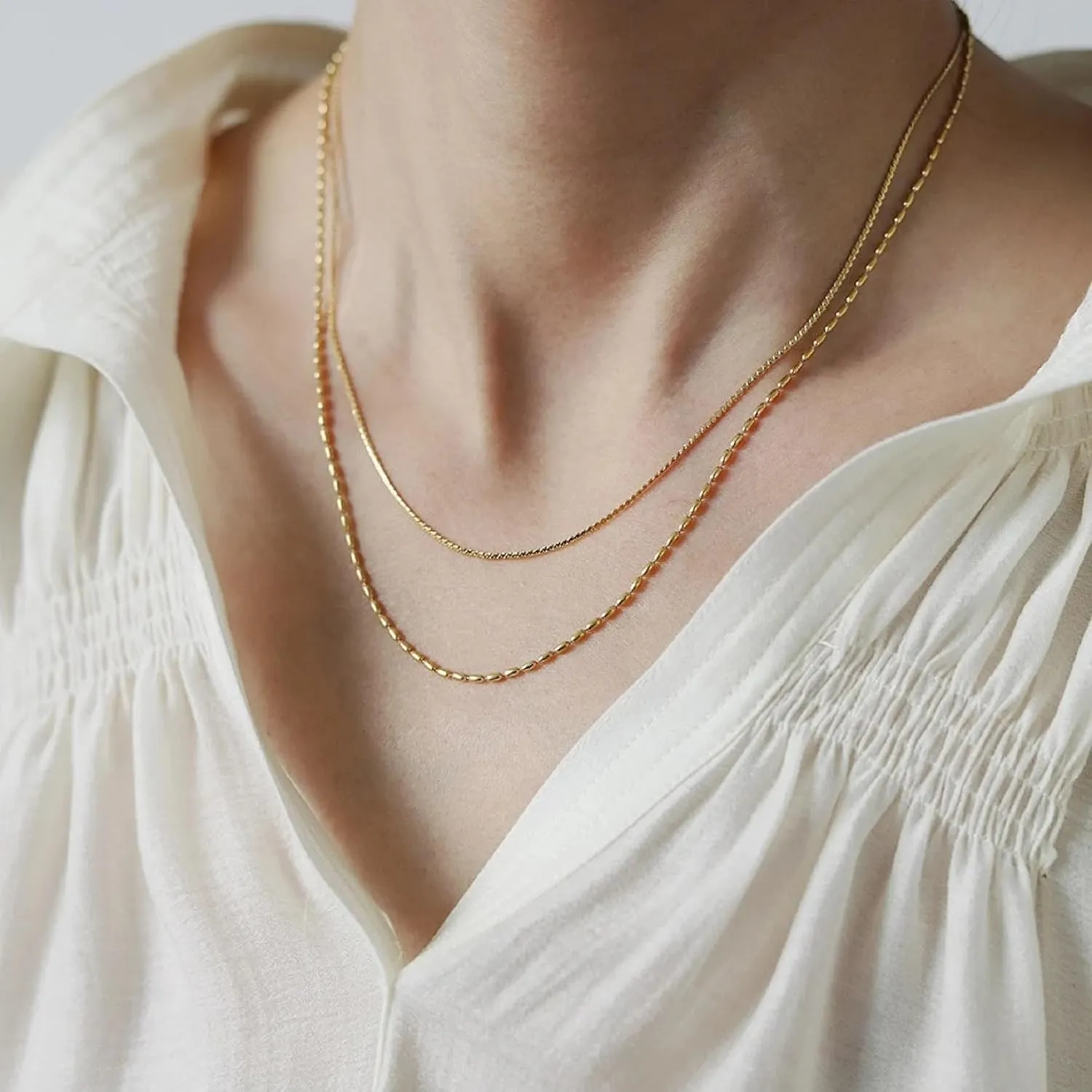 Dainty Choker Necklace for Women, 14K Gold Plated Layered Satellite Bead Choker Thin Trendy Layering Herringbone Necklaces Minimalist Simple Snake Chain Jewelry Gift