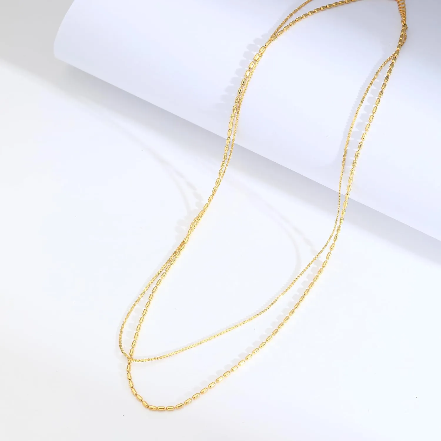 Dainty Choker Necklace for Women, 14K Gold Plated Layered Satellite Bead Choker Thin Trendy Layering Herringbone Necklaces Minimalist Simple Snake Chain Jewelry Gift