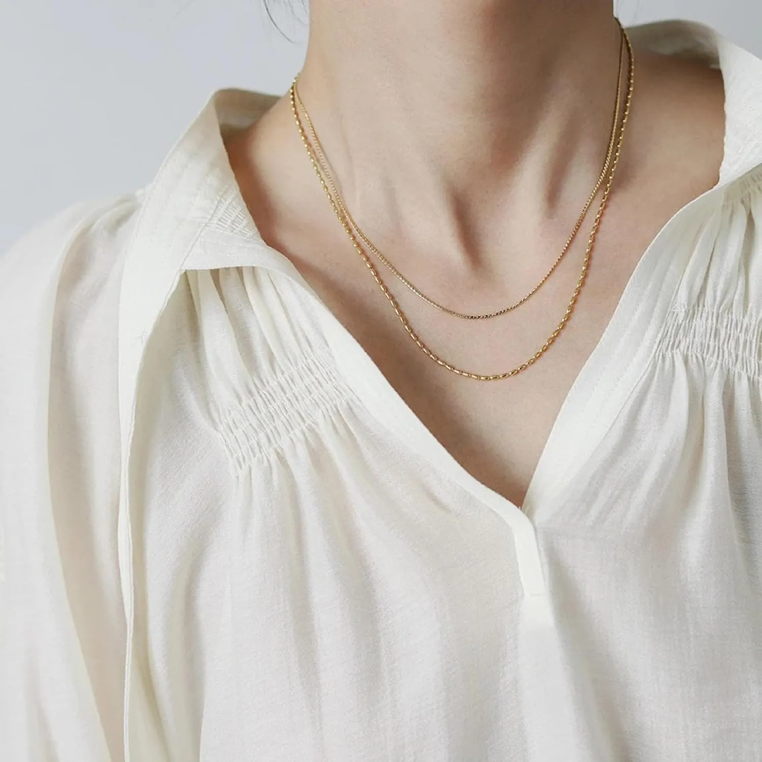 Dainty Choker Necklace for Women, 14K Gold Plated Layered Satellite Bead Choker Thin Trendy Layering Herringbone Necklaces Minimalist Simple Snake Chain Jewelry Gift