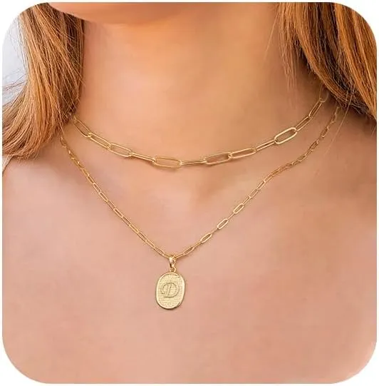 Dainty Gold Initial Necklaces for Women, 14K Gold Plated Layered Necklaces for Women Simple Gold Coin Cute Tiny Necklace Letter Pendant Layering Necklaces for Women Jewelry