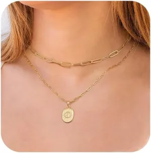 Dainty Gold Initial Necklaces for Women, 14K Gold Plated Layered Necklaces for Women Simple Gold Coin Cute Tiny Necklace Letter Pendant Layering Necklaces for Women Jewelry