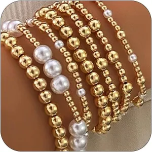 Dainty Gold Pearl Beads Bracelets Stack Set for Women, Trendy Stackable Pearl Beaded Ball Stretch Bracelet Stylish Baroque Party Jewelry Accessory Gift