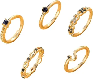 Dainty Gold Stackable Wedding Rings Set for Birdes,Black Bling Crystal Layered Knuckle Rings for Women,Cocktail Engagement Bridesmaids Statement Rings