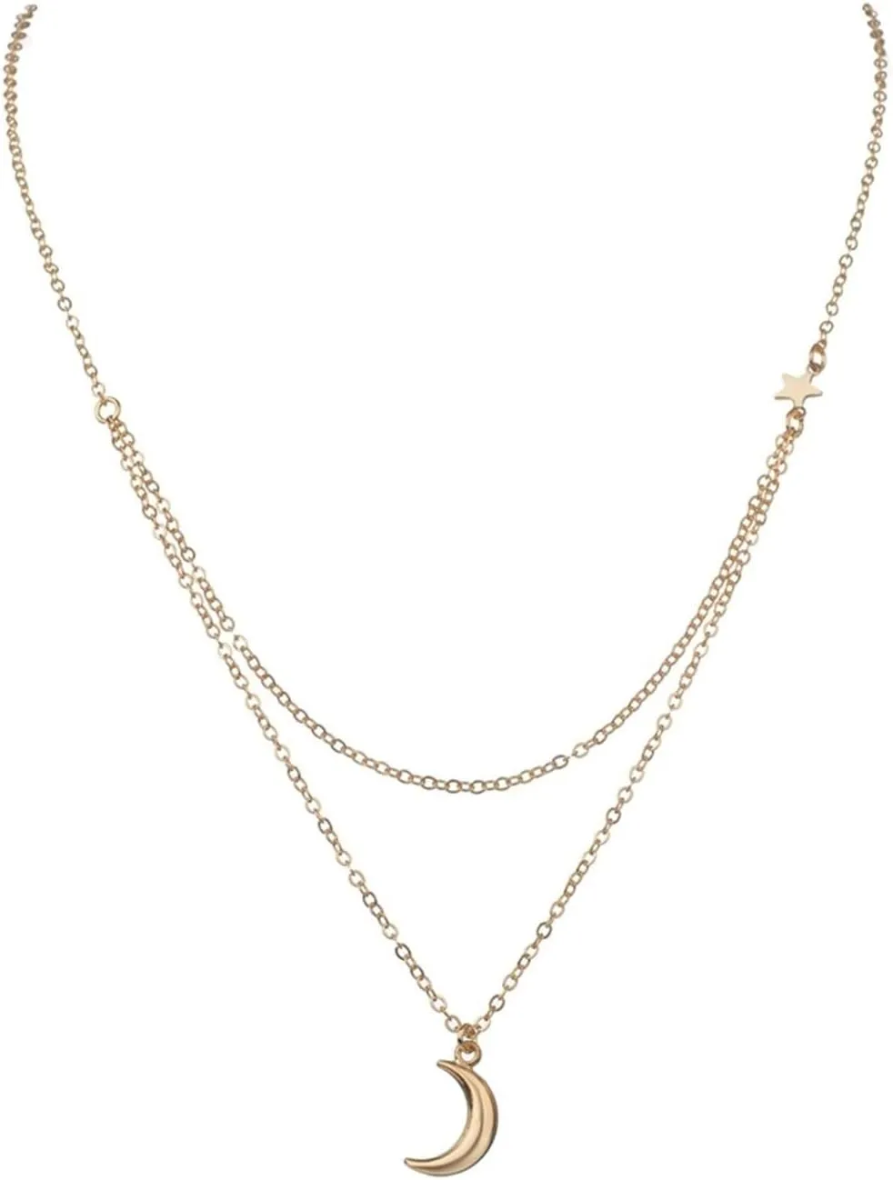 Dainty Necklace Chain, Thin Gold Necklace Chain 2 Layer Chain with Moon Charm Cable Chain Necklace Alloy 43 7cm