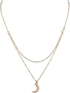 Dainty Necklace Chain, Thin Gold Necklace Chain 2 Layer Chain with Moon Charm Cable Chain Necklace Alloy 43 7cm