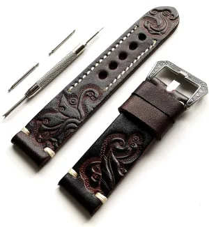 Dark Brown 22mm Tooled Embossed Genuine Premium Leather Band Strap Bracelet Watch Kit for Sport, Luxury, Casual and Smart Watches - Pins Engraved Buckle Tool with Gift Box