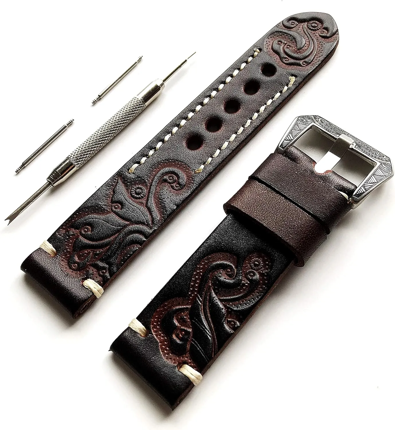 Dark Brown 22mm Tooled Embossed Genuine Premium Leather Band Strap Bracelet Watch Kit for Sport, Luxury, Casual and Smart Watches - Pins Engraved Buckle Tool with Gift Box