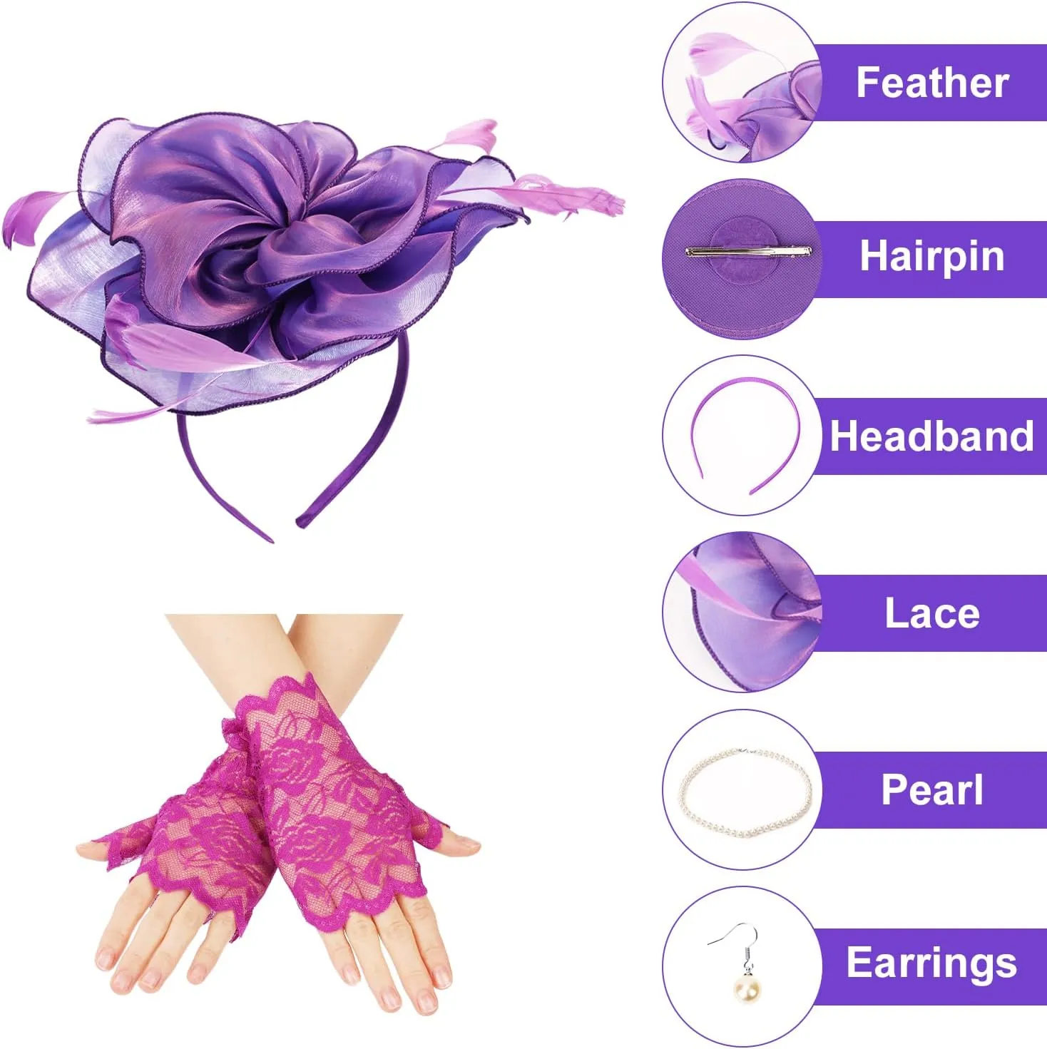 Derby Hats for Women 2023, Flower Feather Ladies Fascinators Hats Set Tea Party Headband with Hair Clip Lace Gloves Pearl