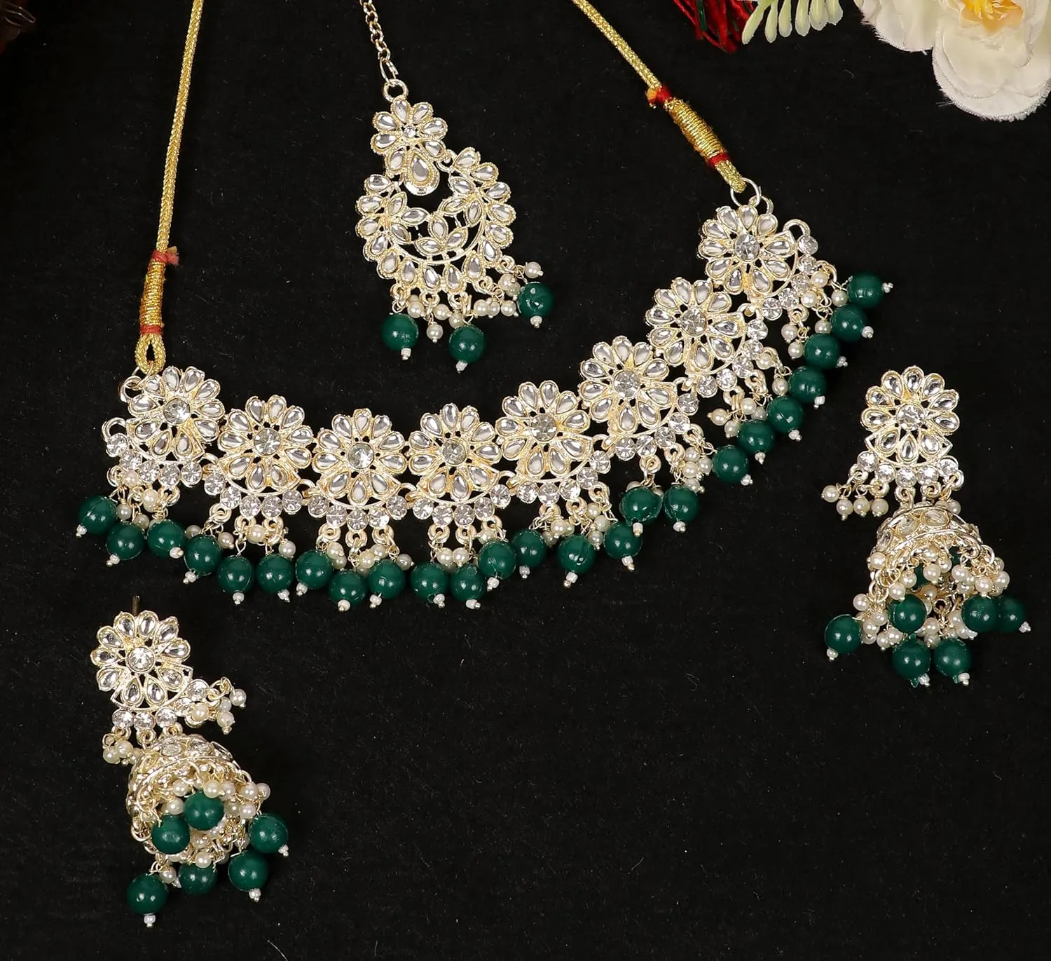 Designer Indian Ethnic Statement Traditional Wedding Bridal Statement Gold Pearl Kundan Choker Necklace Earrings Jewelry Set