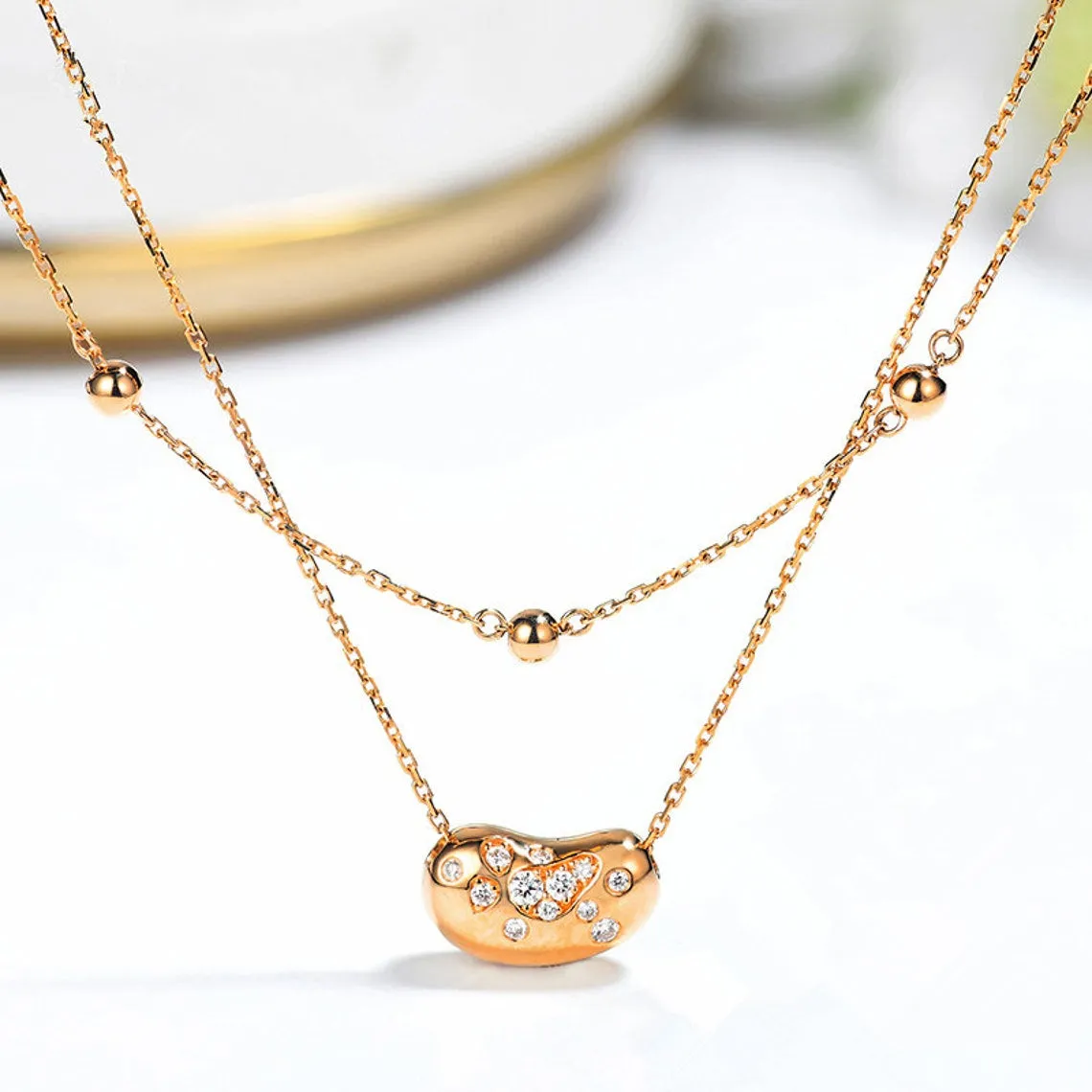 Diamond Lucky Bean Pendant Double Strand Necklace