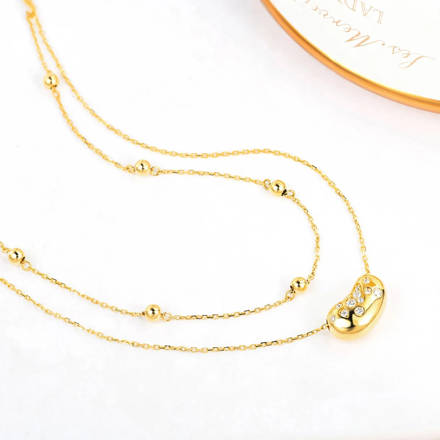 Diamond Lucky Bean Pendant Double Strand Necklace