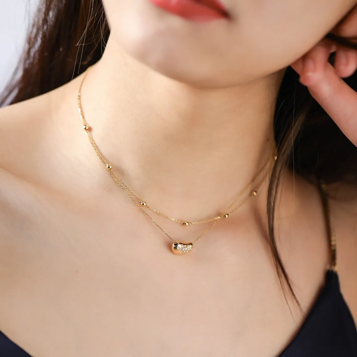 Diamond Lucky Bean Pendant Double Strand Necklace