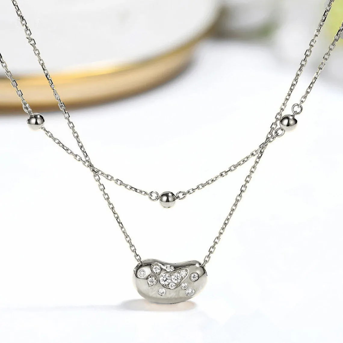 Diamond Lucky Bean Pendant Double Strand Necklace