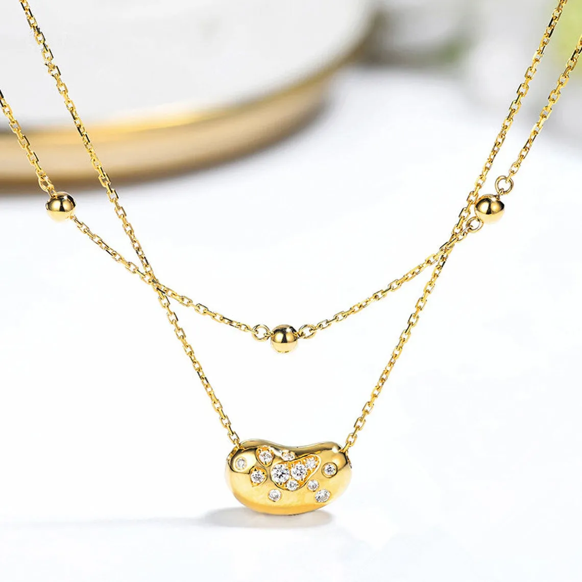 Diamond Lucky Bean Pendant Double Strand Necklace