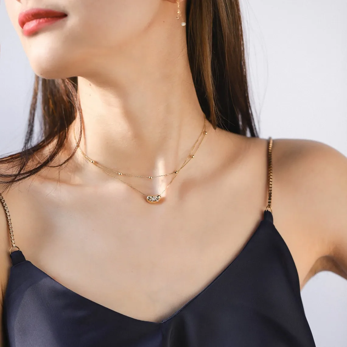 Diamond Lucky Bean Pendant Double Strand Necklace
