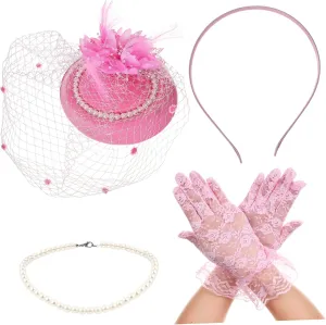 Didiseaon 1Set Vintage Hat and Gloves Set with Pearl Necklace for Tea Parties Garden Events and Masquerades Elegant Retro Accessories for Women
