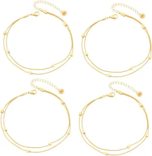 Didiseaon 4pcs Women's Gold Anklet Bracelets Double Layer Anklet Chain Fashionable Ankle Jewelry for Girls Adjustable Buckle for Beach Party Summer