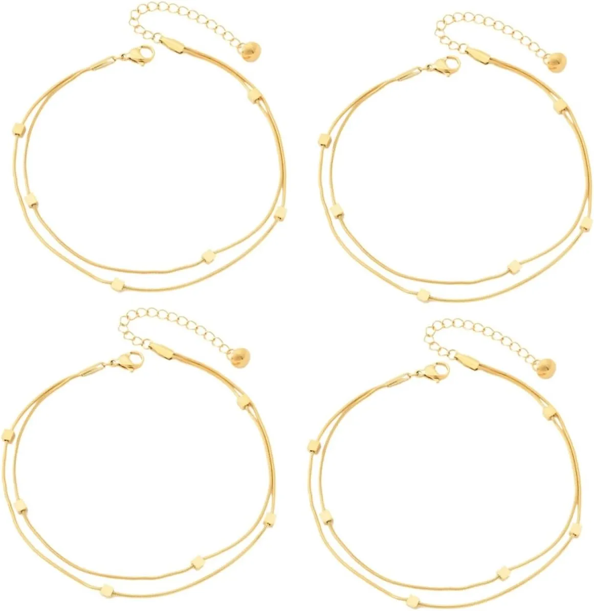 Didiseaon 4pcs Women's Gold Anklet Bracelets Double Layer Anklet Chain Fashionable Ankle Jewelry for Girls Adjustable Buckle for Beach Party Summer