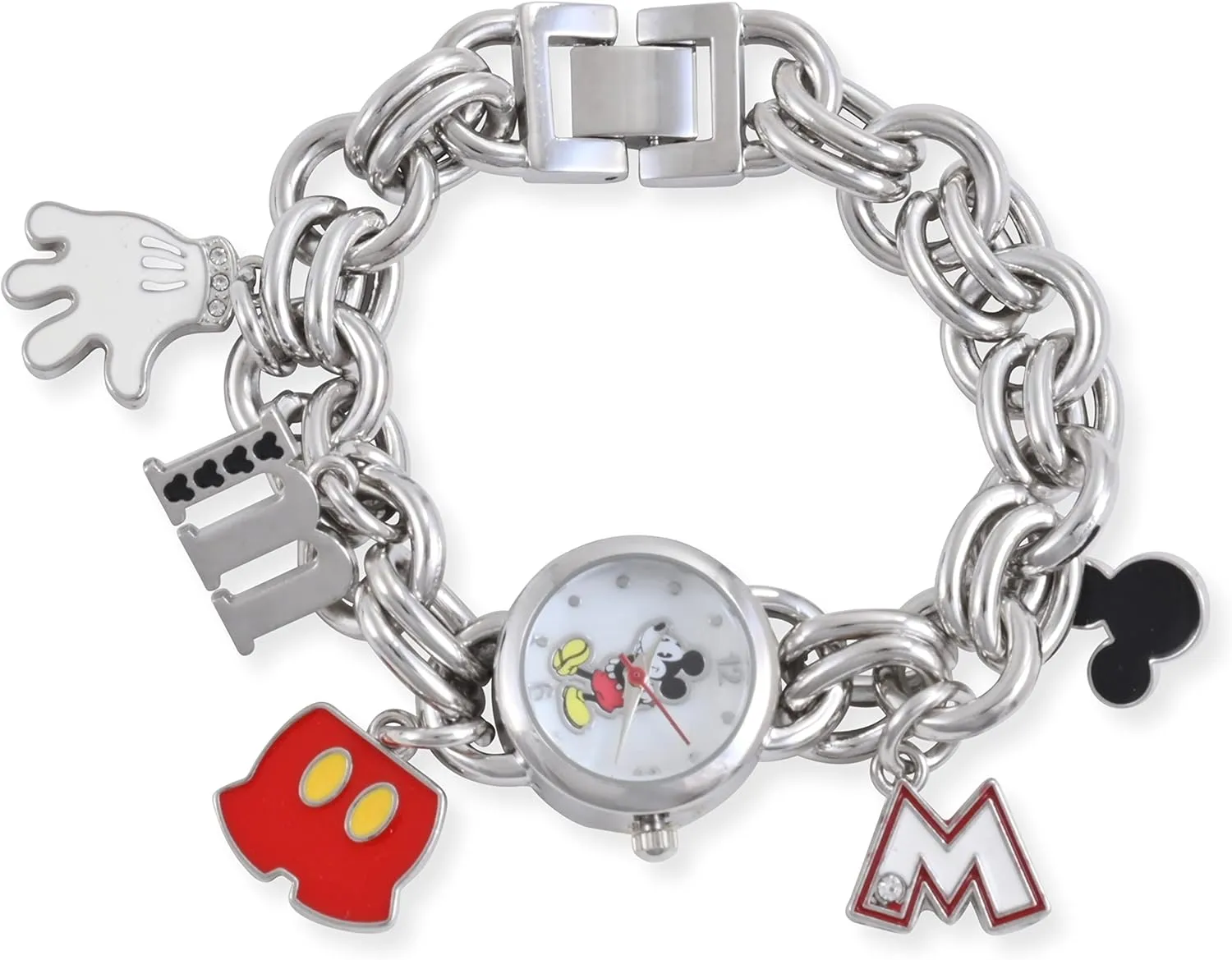 Disney Mickey Mouse Silver Charm Bracelet Watch for Kids & Adults – Cute Collectible Timepiece with Iconic Character Charms & Stainless Steel Chain – Adjustable Fit 5.5"-8" – Gift-Ready Box