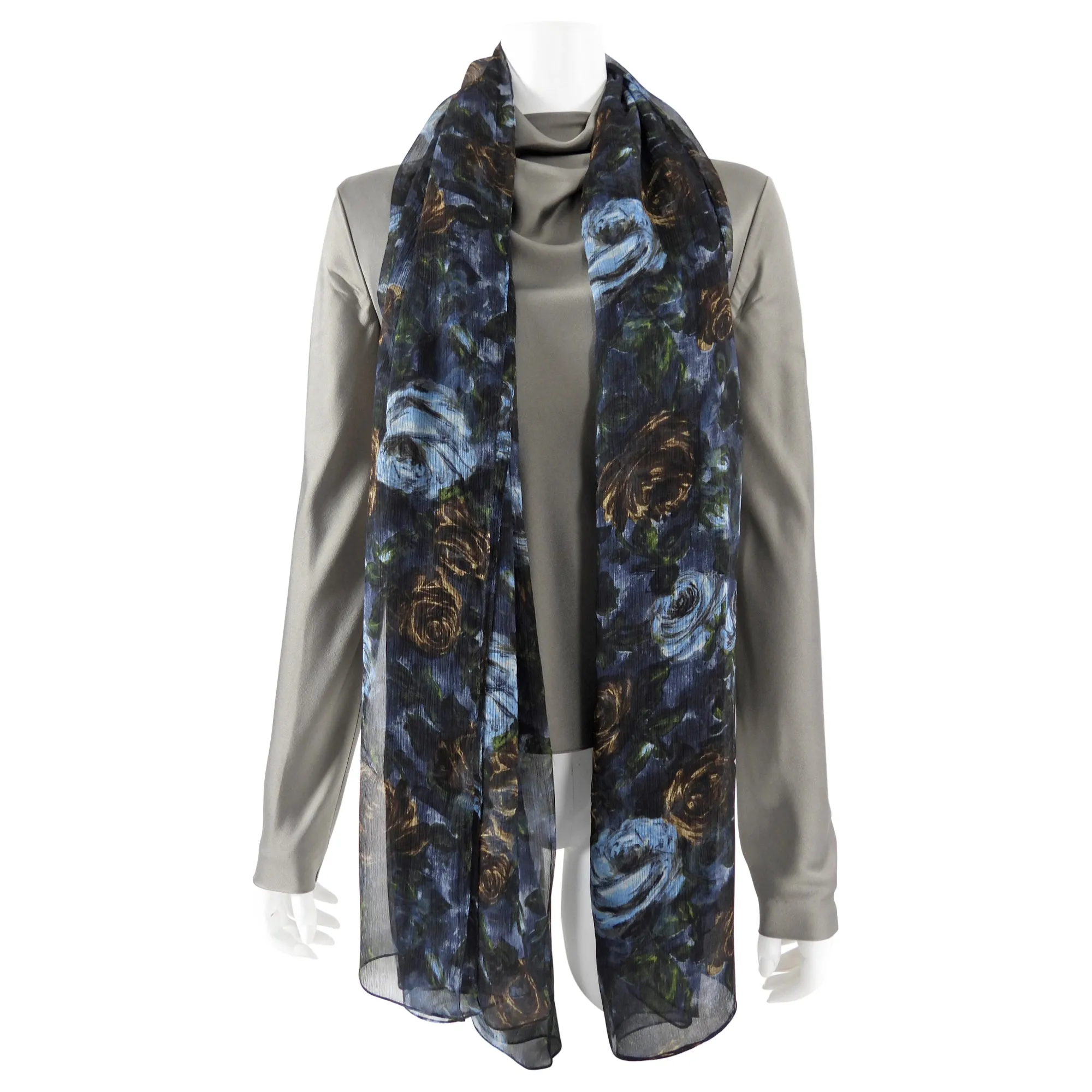Dolce & Gabbana Blue Floral Silk Chiffon Sheer Large Shawl Scarf