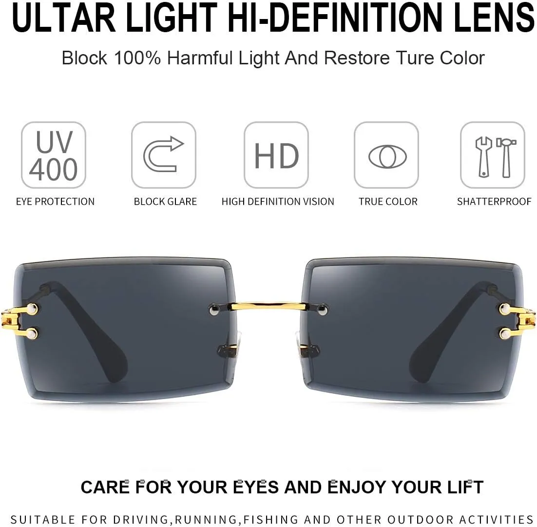Dollger Rimless Rectangle Sunglasses for Women Fashion Frameless Square Glasses for Men Ultralight UV400 Eyewear Unisex