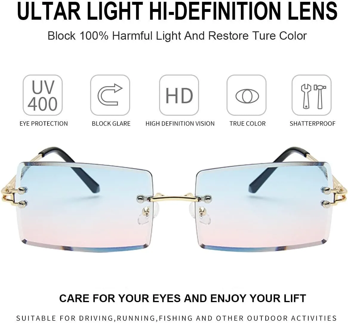 Dollger Rimless Rectangle Sunglasses for Women Fashion Frameless Square Glasses for Men Ultralight UV400 Eyewear Unisex