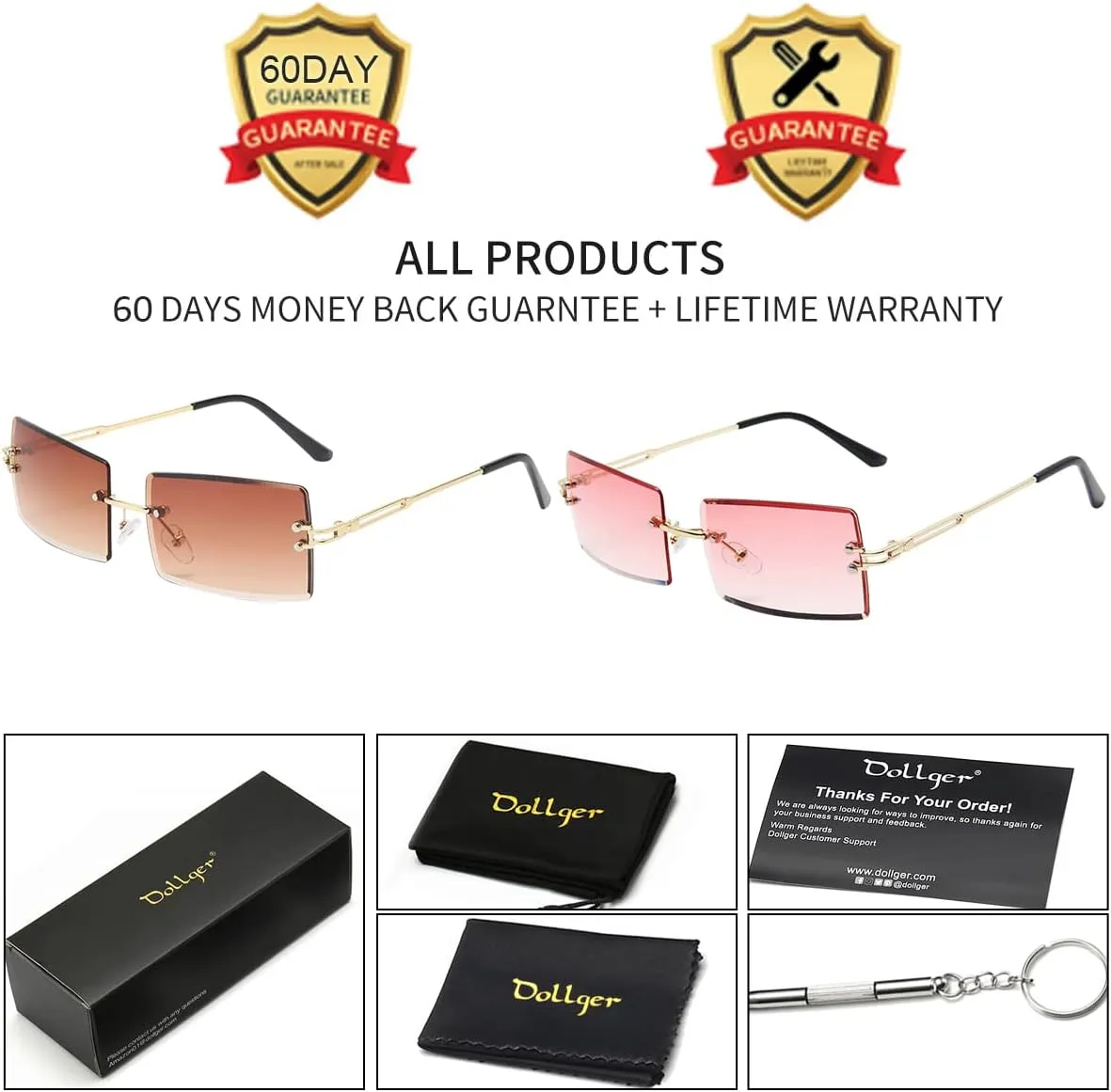 Dollger Rimless Rectangle Sunglasses for Women Fashion Frameless Square Glasses for Men Ultralight UV400 Eyewear Unisex