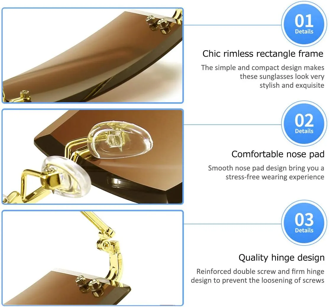 Dollger Rimless Rectangle Sunglasses for Women Fashion Frameless Square Glasses for Men Ultralight UV400 Eyewear Unisex